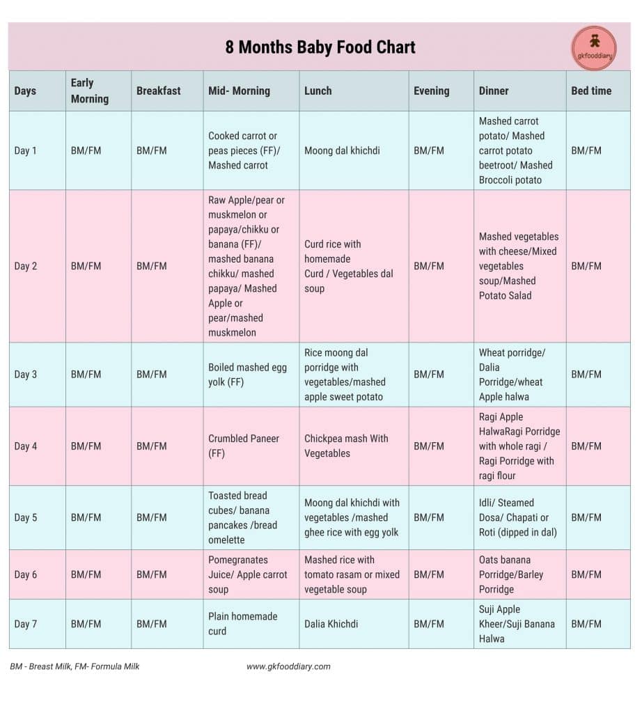 8 month old baby food chart indian