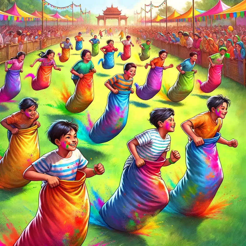 Holi Game with kids Colorful Sack Race